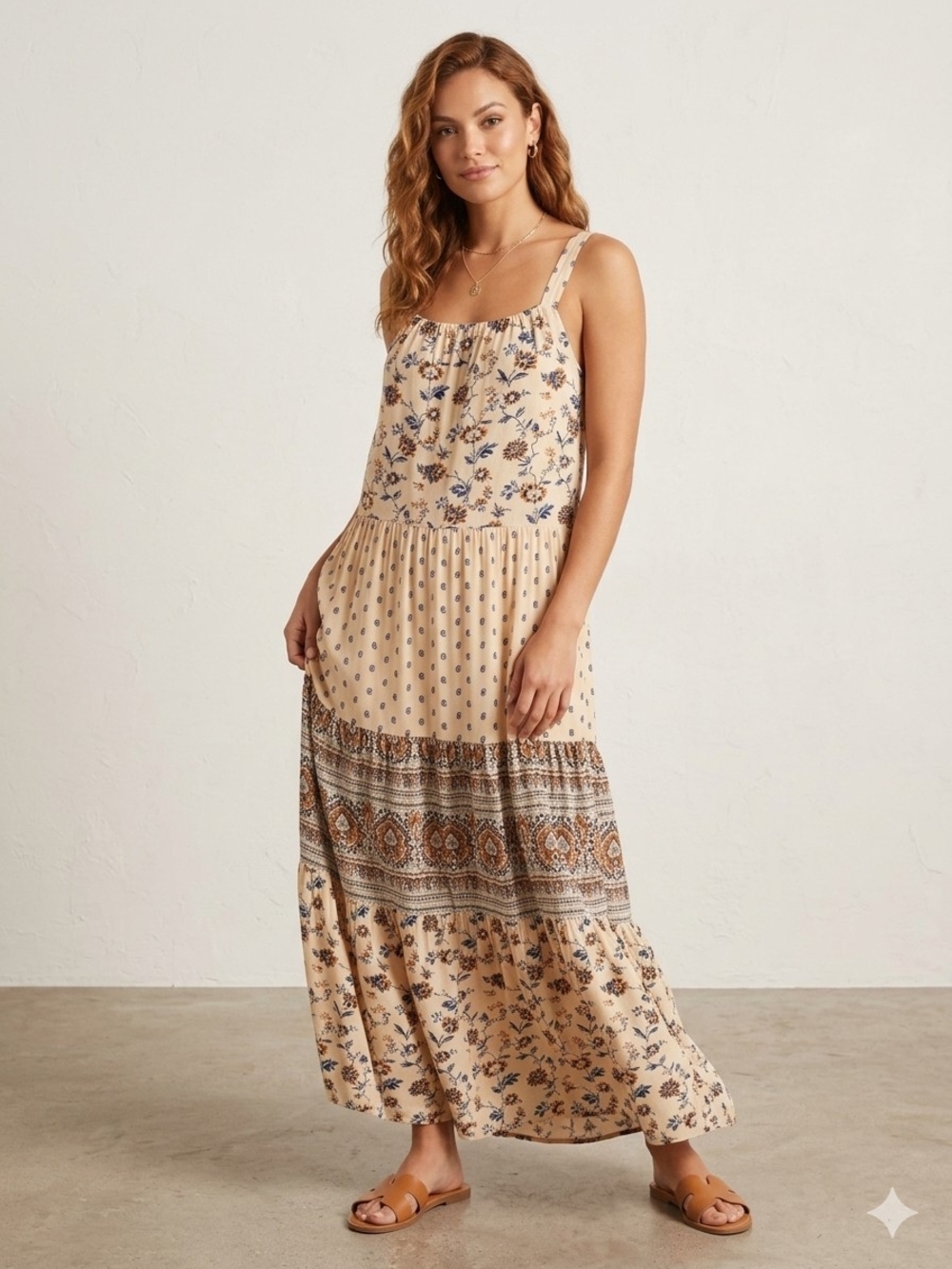 Wonderly Boho Chic Tiered Mixed-Media Maxi Dress Size S
